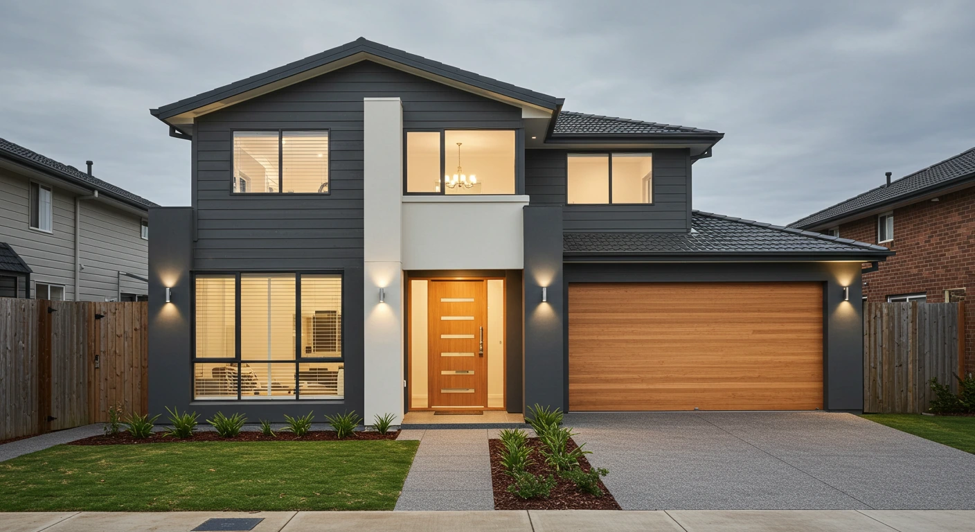 Modern home repaint in charcoal with warm white trims and cedar door