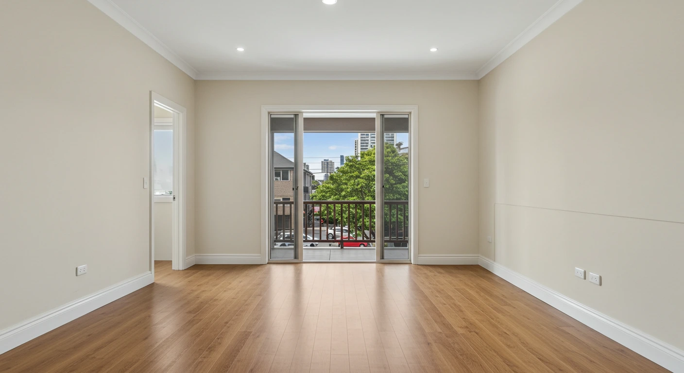 Strata apartment corridor freshly repainted in neutral tones.
